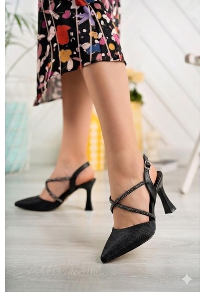 Nesilshoes Nesil Shoes Tam 182 Siyah Simli Topuklu Kadın Sandalet