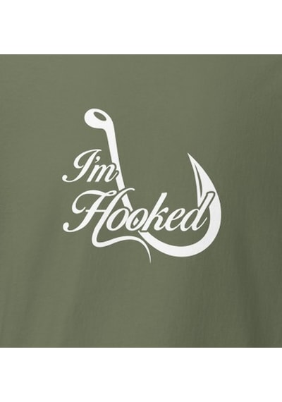 Wildstyle I'm Hooked Balıkçılık Olta Balıkçı Tutkusu Baskılı Unisex Bisiklet Yaka Pamuklu Tişört - Haki