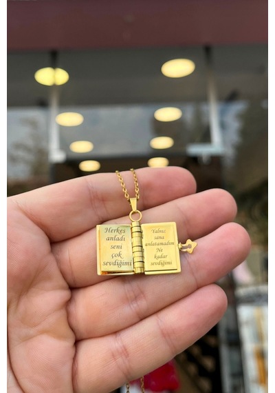 Sevgiliye Özel Tasarım Şiirli Kitap Kolye Sensiz Kışları Yazdım, ... Altın