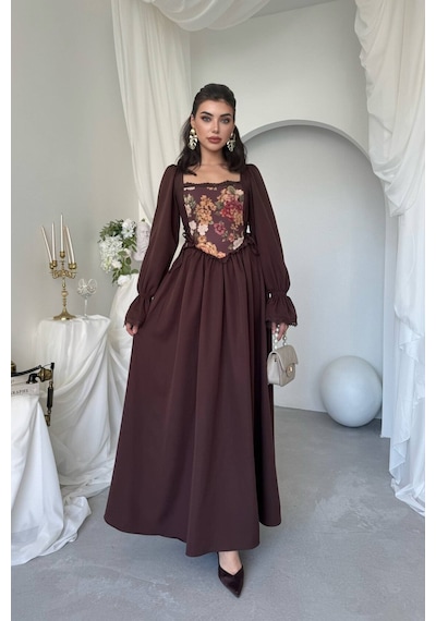 Nils Boutique Vintage Korsajlı Midi Elbise Kahverengi