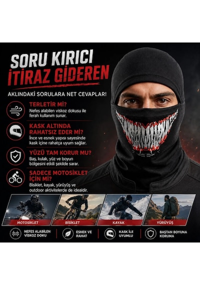 Womanandkids Wak Unisex Tam Yüz Balaklava Diş Desenli Kışlık Maske Nefes Alan Esnek Kask Altı Boyunluk Yumuşak Viskoz Siyah