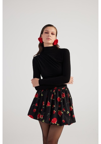Holly Lolly Balon Model Gül Desenli Mini Donna Etek Siyah