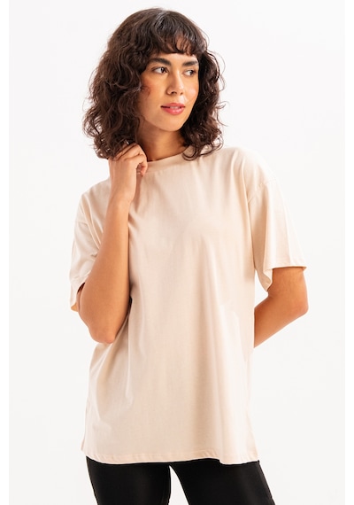 Justever 100% Pamuk Oversize Fit Bisiklet Yaka Bej Kadın T-shirt - Halo Bej