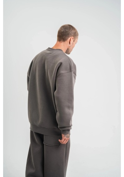 Erkek Uzun Kol Bisiklet Yaka 3 İplik Pamuklu Kışlık Sweatshirt - Füme Füme
