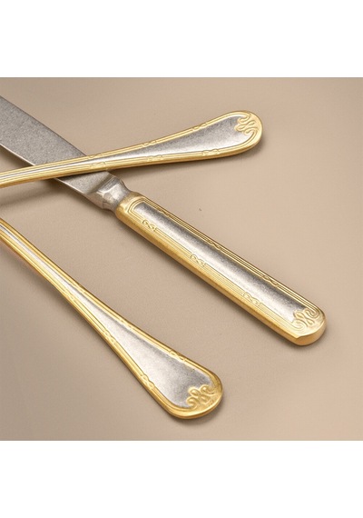 Hisar İnfinity 84 Parça 12 Kişilik Çatal Kaşık Bıçak Takımı Eskitme Dekor Altın Inox