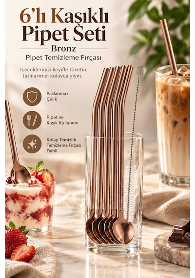 6 Lı Kaşıklı Pipet Seti - Bronz - Pipet Temizleme Fırçası Çok Renkli