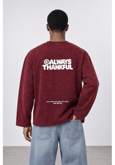 Respire Erkek Always Baskılı Yıkamalı Oversize Long Sleeve Bordo