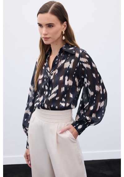 Sateen Geniş Manşetli Desenli Gömlek - Siyah-136583 Siyah