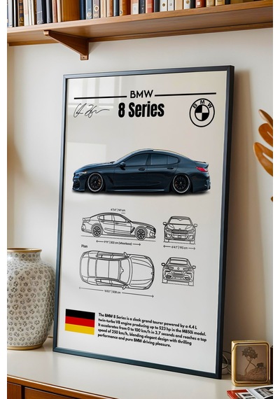 Bmw 8 Serisi Tablo - Teknik Özellikli Alman Grand Tourer Poster - Çerçeveli Duvar Dekoru - Blueprint Siyah