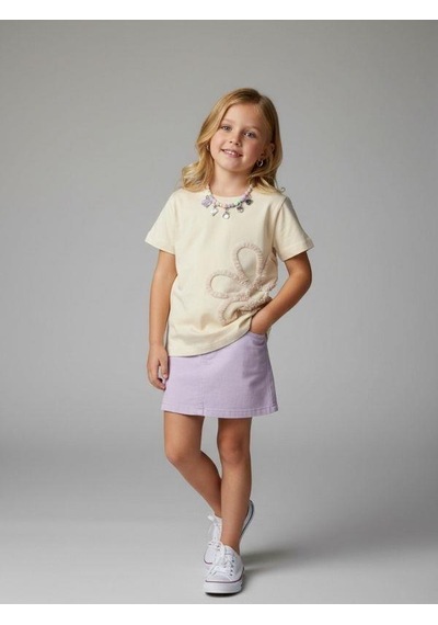 Zekids Kız Çocuk Çiçek Nakışlı Tasarım T-shirt-16889 Krem