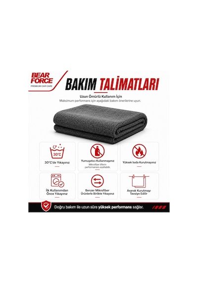 Robeve Bear Force Araç Kurulama Havlusu 60x80 Cm 800 Gsm Twisted Loop Mikrofiber Oto Kurulama Bezi Yüksek Su Emici Çiziksiz Araç Kurulama Havlusu Profesyonel Araç Bakım Ve Oto Yıkama Bezi