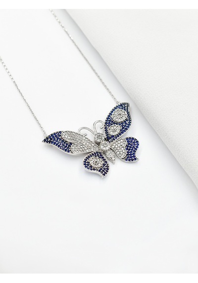 Brezza Lusso Jewelry 925 Ayar Mavi Taşlı Kelebek Uzun Kadın Gümüş Kolye 80 CM ve Üzeri