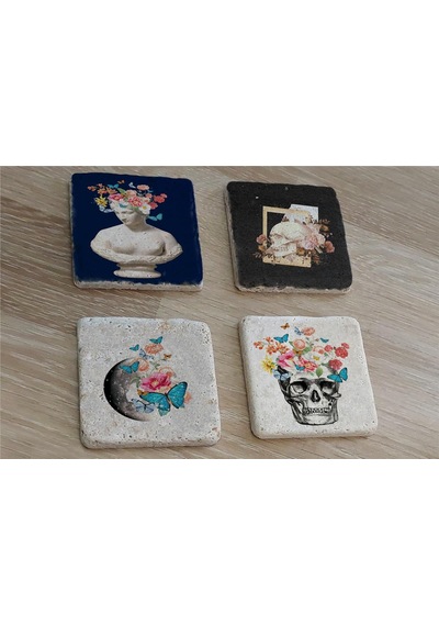 Çiçekli Heykel Kuru Kafa Ve Dünya Doğal Taş Bardak Altlığı 4'lü Set - Natural Stone Coasters - Taş Çok Renkli