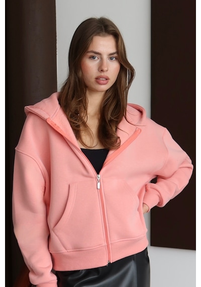 Balenbi Kadın 3 İplik İçi Polarlı Kapüşonlu Oversize Sweat Hırka 1110 Somon
