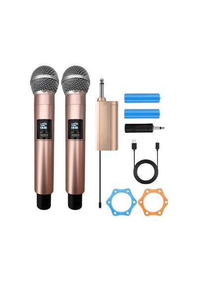Profesyonel Çiftli Kablosuz Mikrofon Seti Karaoke Şarj Edilebilir 50 Metre Mesafe Rose Evimdeyokyok