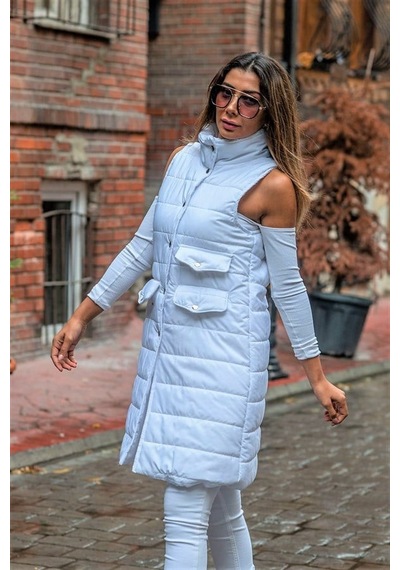 Veraura Lifestyle Beyaz Dik Yaka Cep Detaylı Uzun Şişme Yelek