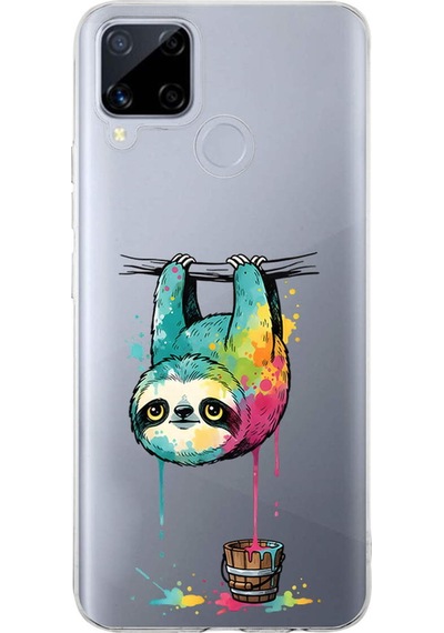 Realme C15 İle Uyumlu Splash Tembel Hayvan Tasarımlı Şeffaf Silikon Kılıf Şeffaf