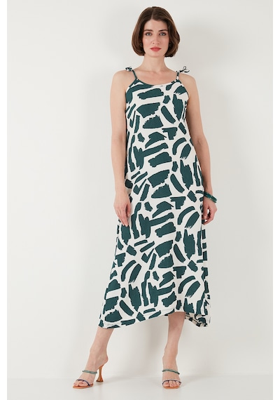 Lela Desenli Midi Boy Oversize Fit Bağlamalı Ip Askılı Bisiklet Yaka Bayan Elbise 5869009 Nefti