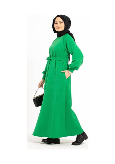 Sevitli Capitone Elbise - Yeşil-1391-kiremit Kiremit