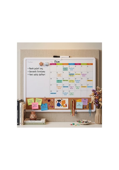 3'ü 1 Arada Manyetik Takvimli Mantar Pano Ve Yazı Tahtası 43x58.5 Cm + Kalem, Magnet, Sticker Seti Beyaz