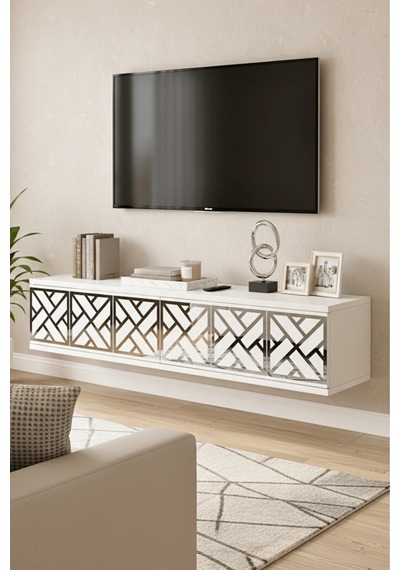 Da1238bs - Arex Dresuar, Antre Hol Rafı, Ayaksız Tv Sehpası, Beyaz - Sılver 120cm