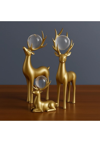 Gold Boynuzlu 3 Lü Dekoratif Geyik Kristal Küre 32 X 15