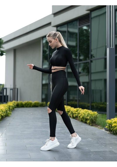 Lismina Siyah Dizleri Yırtık Ekstra Yüksek Bel Spor Tayt Siyah