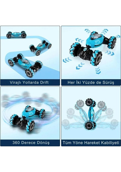 El Hareket Sensörlü Uzaktan Kumandalı Akrobat Araba 4x4 Işıklı Müzikli Çift Yönlü Drift Stunt Car Mavi