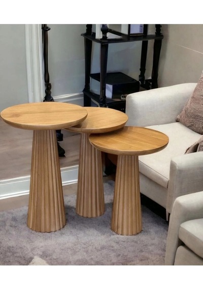 Simillo Wood Ahşap 3 Lü Set Koyu Ceviz Renkli Fitilli Mantar Yan Sehpa Fiskos / Çiçeklik Modern Doğal Ahşap