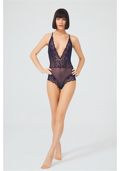 Cottonhill Lacivert Çıtçıtlı Dantelli Transparan Sırt Çapraz İpli Bodysuit Lacivert