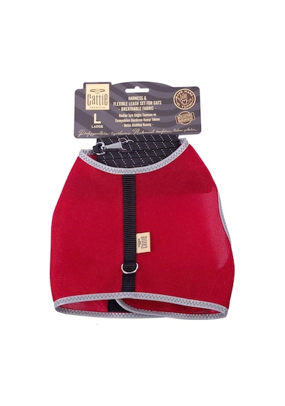 Cattie Havalı Dokuma Kedi Göğüs & Gezdirme Takımı Kırmızı Large 1.5x30-40 Cm