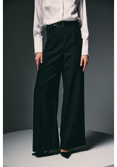 Sateen Kemerli Bol Pantolon - Siyah-136820 siyah