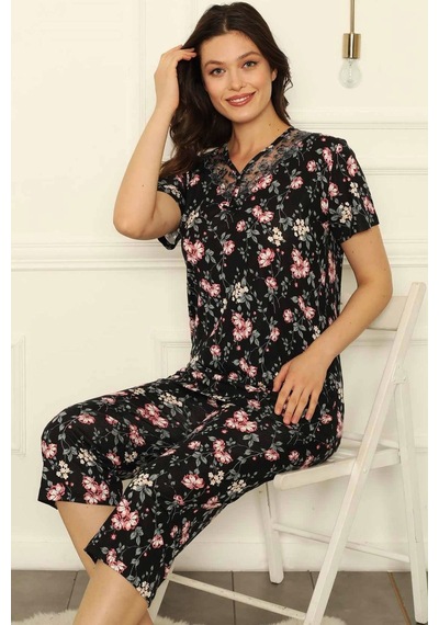 Alimer Kadın Siyah Dantelli V Yaka Bermuda Pijama Takım Edy2708s Siyah