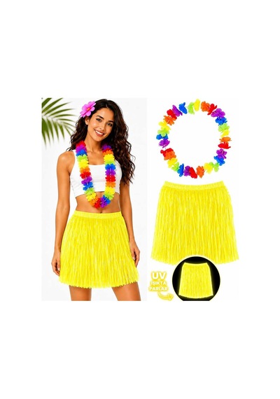 Neon Sarı Hawaii Etek 40 Cm Ve Rengarenk Hawaii Kolye Evimdeyokyok