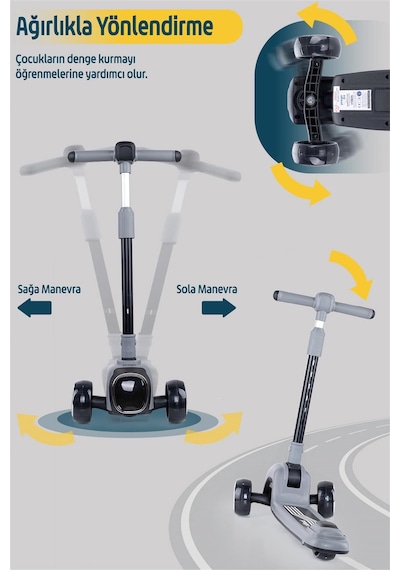 Prego Flow Müzikli Işıklı Oturaklı Scooter Gri K604 Gri