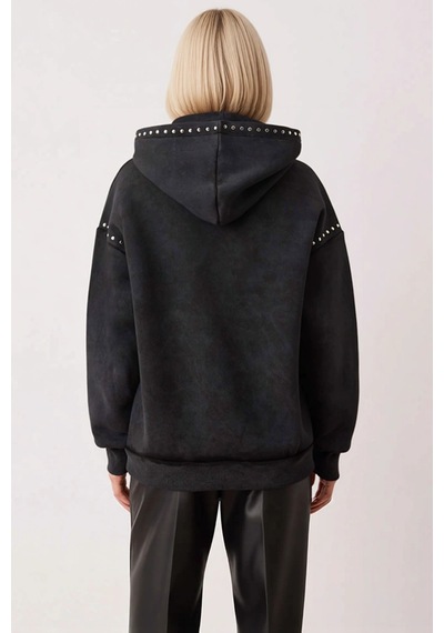 Benerly Kadın Kapüşonlu Düşük Kol Örme Sweatshirt Troklu Fonksiyonel Daya Antrasit