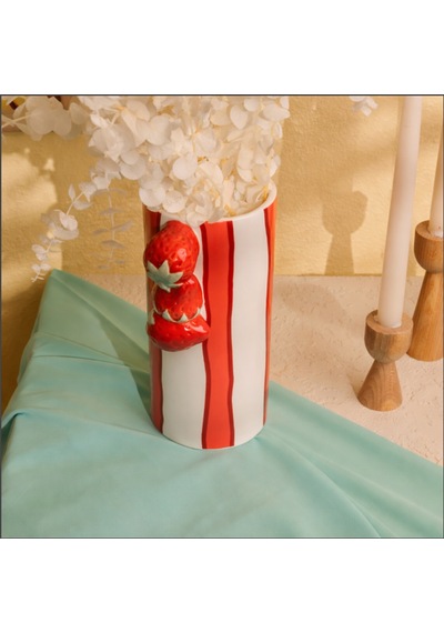 Deco Çizgili Çilek Vazo - Kırmızı - 23x11 Cm Çok Renkli