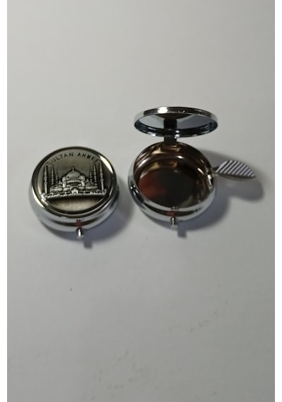 Mini Taşınabilir Cep Küllüğü - Mini Cep Küllüğü - Çanta Küllüğü 5cm - Sultanahmet Desenli Kapaklı Metal Mini Kül Tabağı Gümüş Rengi
