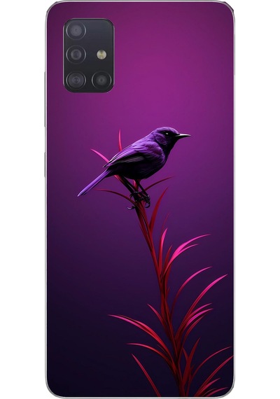 Samsung Galaxy A51 Uyumlu Mor Kuş Dalda Baskılı Silikon Kılıf Renkli