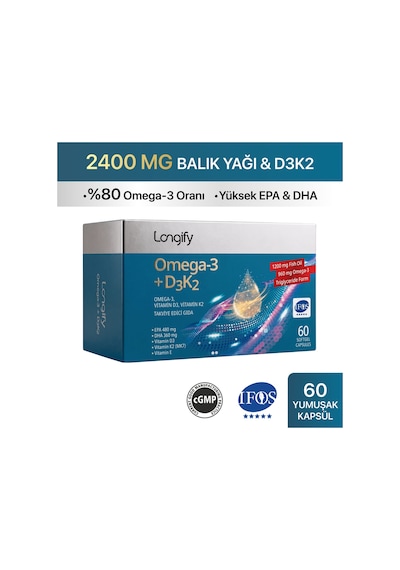 Longify Omega 3 + D3K2 IFOS Onaylı Yüksek EPA & DHA Vitamin D3 Vitamin K2 MK7 Vitamin E Balık Yağı 60 Yumuşak Kapsül