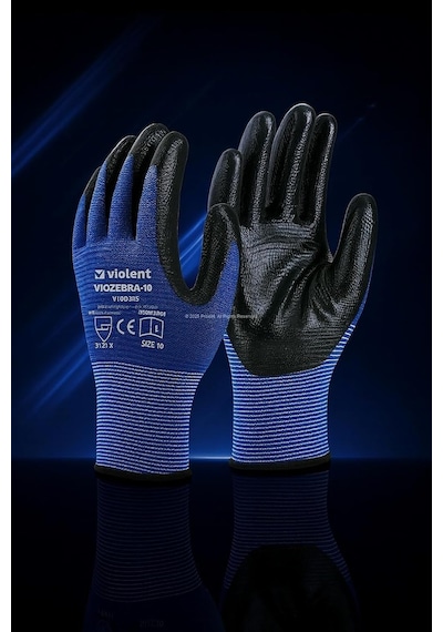 Violent Nitril Kaplı Örme Eldiven, Çift Renk,%100 Polyester, Kaymaz, Dayanıklı, Endüstriyel İş