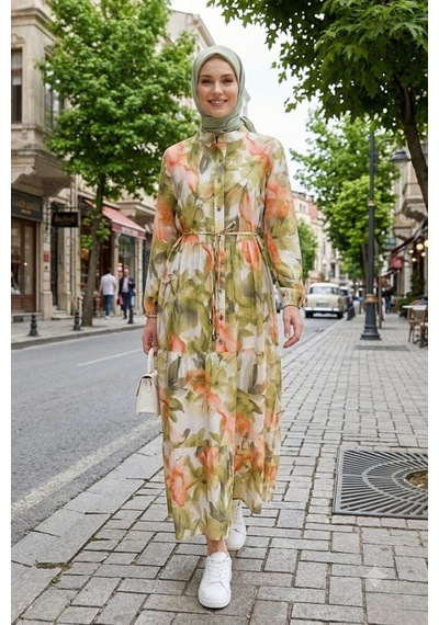 Hb Harma Time Butik Kadın Düğmeli Desenli Modal Kumaş Yeşil Elbise