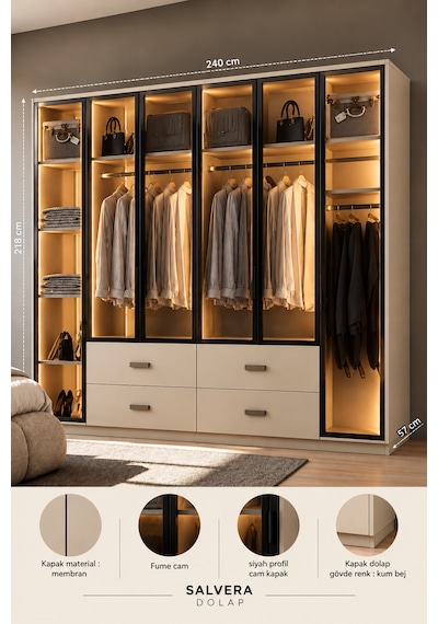 Free Home Salvera Kum Beji Mdf Gardırop Elbise Dolabı 240x218x57 Kumbeji