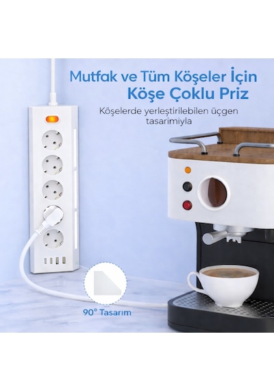 Akım Korumalı 5 Li Köşe Çoklu Priz 2 Usb-a 2 Usb-c Gece Lambalı Dokunmatik 2 Metre Kablo 3680w 1 - 3 M