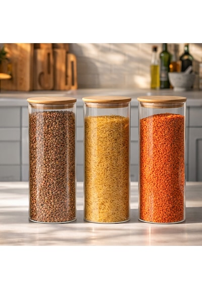 Porsima 4-3 Bambu Vakumlu Kapaklı Yuvarlak Borosilikat Cam 3lü Kavanoz Seti Saklama Kabı 2100ml 10x30cm