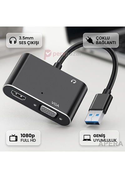 Usb 3.0 To Hdmı Ve Vga Adaptörü 1080p Çift Ekran Ve Ses Çıkışlı Pc Uyumlu Çoklu Monitör Görüntü Aktarıcı Cn05