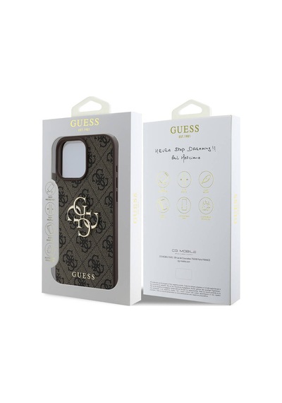 Apple Uyumlu iPhone 16 Pro Kılıf Guess Lisanslı Pu Deri 4g Desen Metal Büyük 4g Ve Yazı Logolu Kahverengi