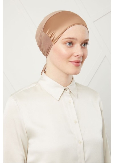 Melodi Scarf Kadın Tesettür Bağlamalı Saten Bone Taba Rengi Taba Rengi Taba