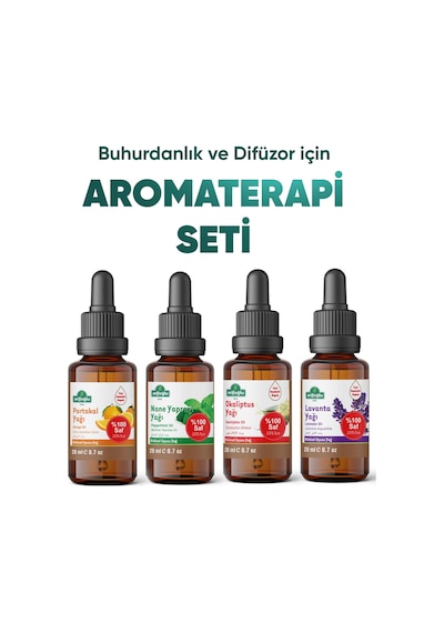 Arifoğlu Aromaterapi 4'lü Uçucu Yağ Seti Portakal Lavanta Okaliptus Nane Yağı Buhurdanlık Difüzör İçin %100 Saf Bitkisel Esansiyel Yağ Seti 4x20 Ml 80 G