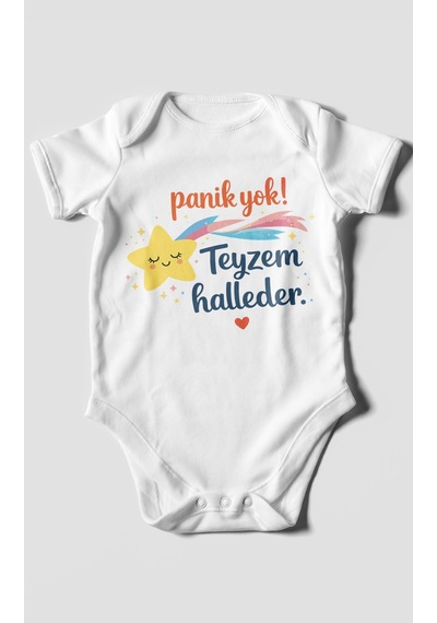 Morivokids Panik Yok Teyzem Halleder Kısa Kollu Bebek Body %100 Pamuk Beyaz